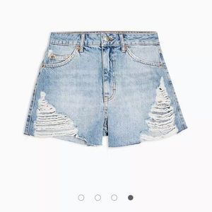 Topshop super ripped denim mom shorts in mid blue